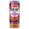 A product shot of the Schwartz Af Sy Korean Seas seasoning, which comes in a clear shaker with a black and purple label showing spicy Korean BBQ wings.