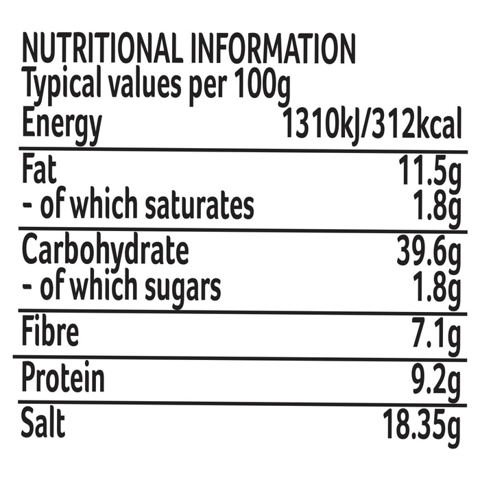 The nutritional information table for Schwartz Af Sy Korean Seas lists the typical values per 100g, including 312 calories and 11.5g of fat.