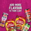 A vibrant promotional graphic featuring a variety of Schwartz products including Schwartz Af Sy Korean Seas, Chilli Con Carne and Spaghetti Bolognese recipe mixes, and jars of Chilli Crushed Hot and Garlic Salt against a pink background with the text Add More Flavour To Your Cart.