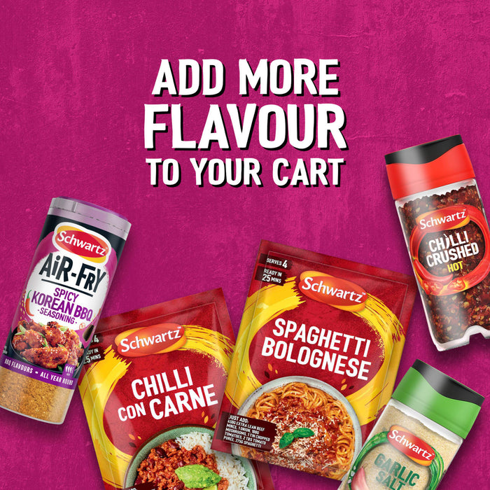 A vibrant promotional graphic featuring a variety of Schwartz products including Schwartz Af Sy Korean Seas, Chilli Con Carne and Spaghetti Bolognese recipe mixes, and jars of Chilli Crushed Hot and Garlic Salt against a pink background with the text Add More Flavour To Your Cart.