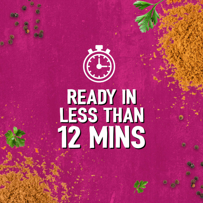 An infographic for Schwartz Af Sy Korean Seas featuring a stopwatch icon and text stating it is ready in less than 12 minutes against a textured pink background with scattered spices and herbs.
