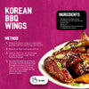 An infographic recipe for Korean BBQ wings featuring Schwartz Af Sy Korean Seas as a key ingredient for seasoning the chicken before air frying.