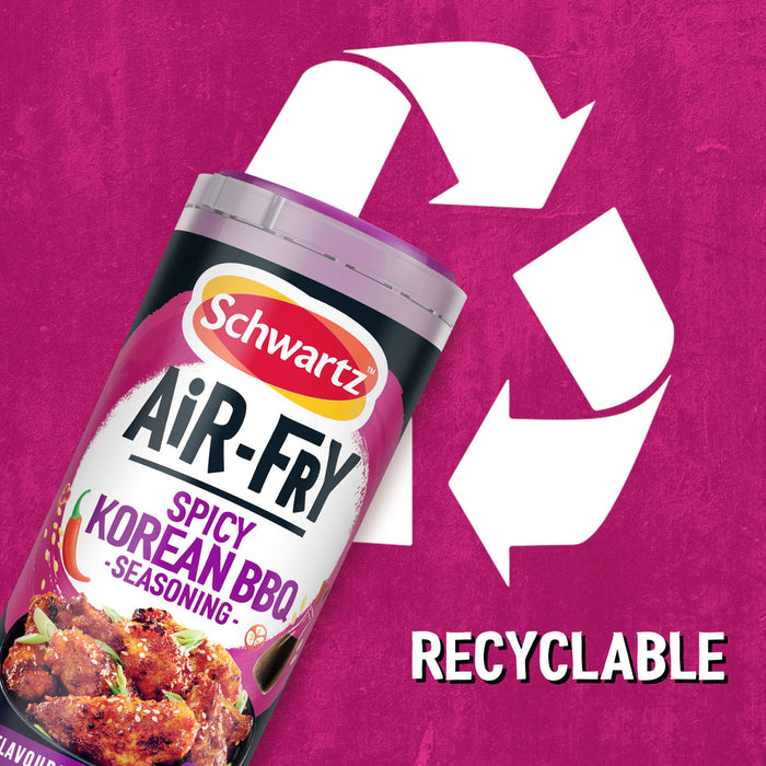 A promotional graphic featuring a container of Schwartz Af Sy Korean Seas positioned in front of a large white recycling symbol to highlight that the packaging is recyclable.