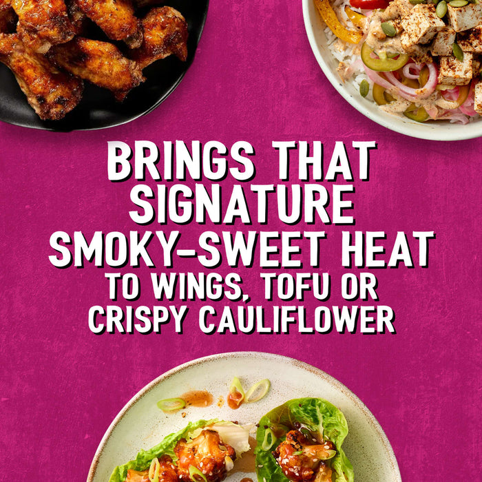 A vibrant food collage showcasing how Schwartz Af Sy Korean Seas brings that signature smoky-sweet heat to dishes like chicken wings, tofu bowls, and crispy cauliflower lettuce wraps.