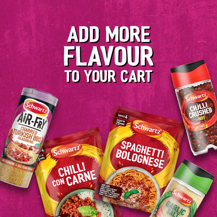 An assortment of Schwartz products including Schwartz Af Turki Keb Seas and Spaghetti Bolognese mix are displayed against a vibrant pink background with the text Add More Flavour To Your Cart.
