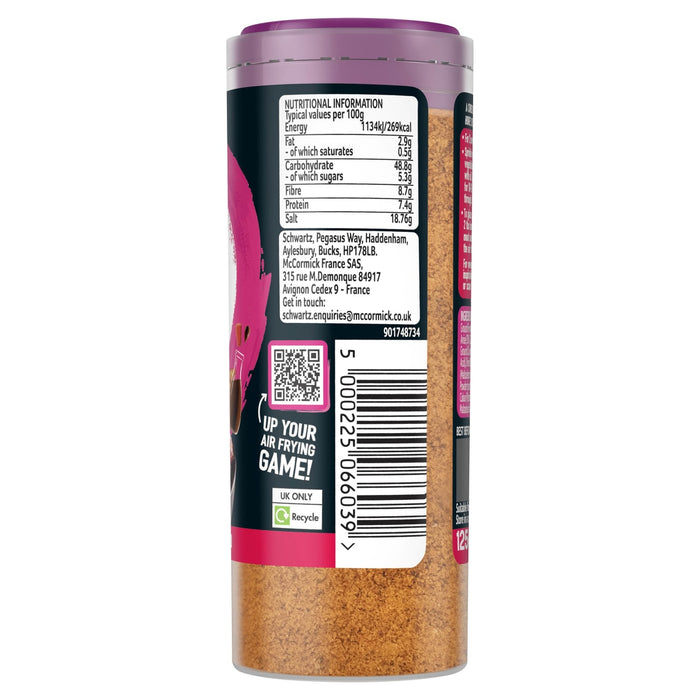 The back of a jar of Schwartz Af Chinese Cs Sea, showing the nutritional information, barcode, and recycling information.