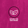 A graphic illustration for Schwartz Af Chinese Cs Sea featuring a white leaf icon inside a black circle with the text SUITABLE FOR VEGETARIANS on a textured pink background.