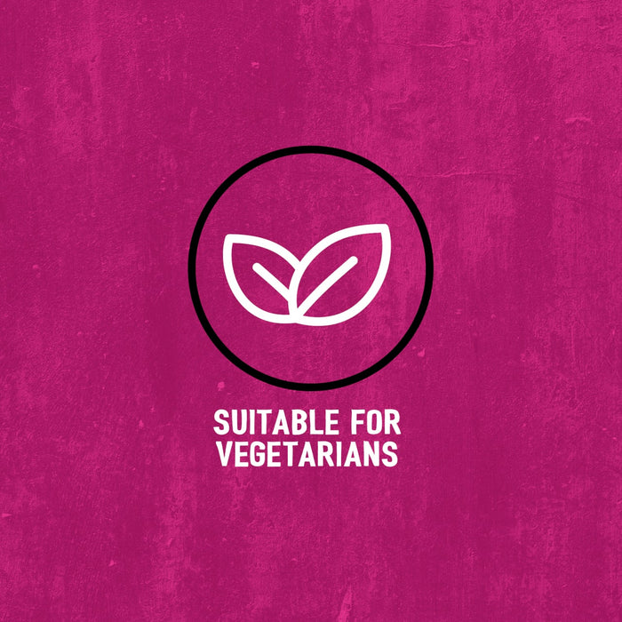 A graphic illustration for Schwartz Af Chinese Cs Sea featuring a white leaf icon inside a black circle with the text SUITABLE FOR VEGETARIANS on a textured pink background.