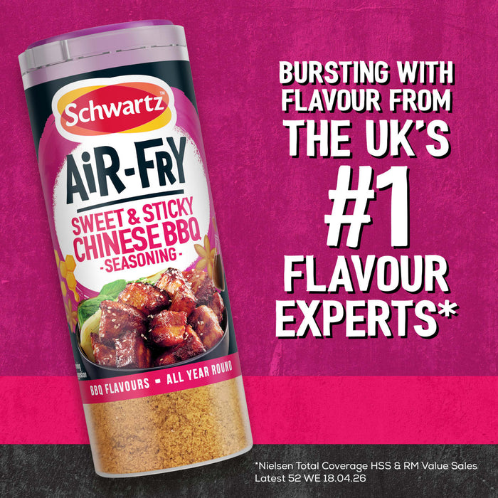 A promotional graphic for Schwartz Af Chinese Cs Sea seasoning featuring a tall shaker bottle against a vibrant pink background with the claim that it comes from the UK number one flavour experts.