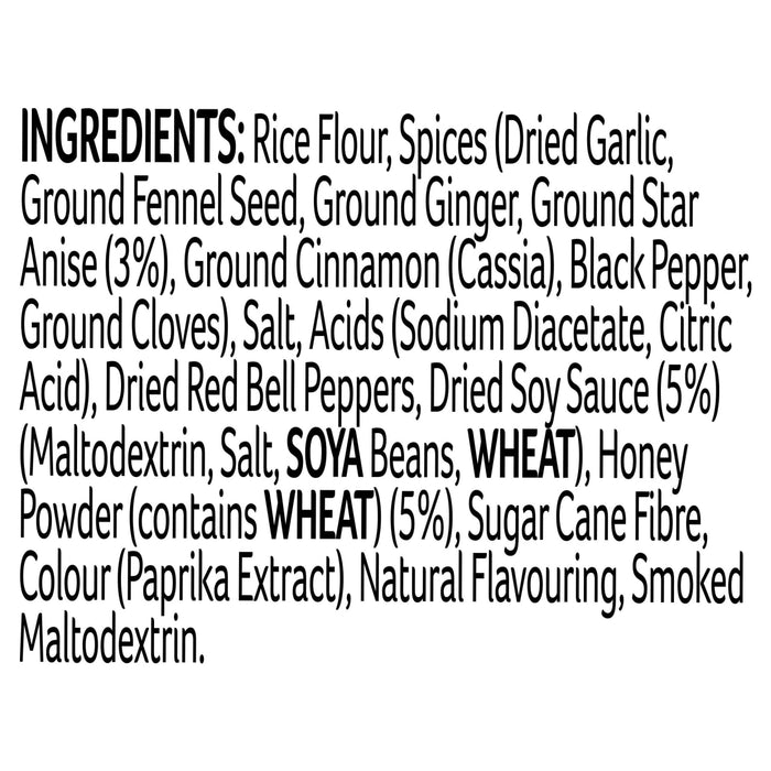 The ingredients list for the Schwartz Af Chinese Cs Sea seasoning, including rice flour, spices like star anise, and allergens such as soya and wheat, is shown in black text on a white background.