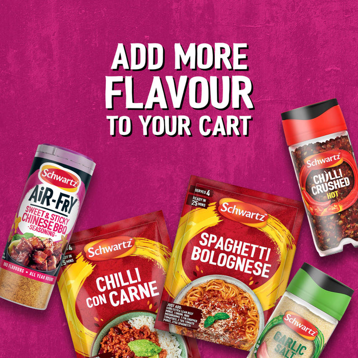 A vibrant promotional graphic featuring a variety of seasonings including Schwartz Af Chinese Cs Sea alongside Spaghetti Bolognese and Chilli Con Carne recipe mixes to add more flavour to your cart.