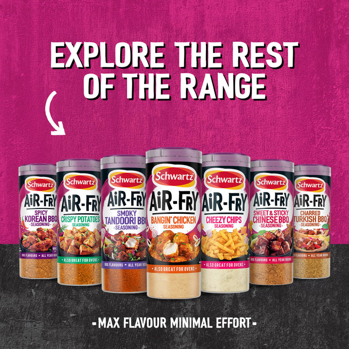 A promotional graphic showcasing a variety of seasonings including Schwartz Af Chinese Cs Sea alongside other air fry flavors to encourage exploring the full range for maximum flavor with minimal effort.