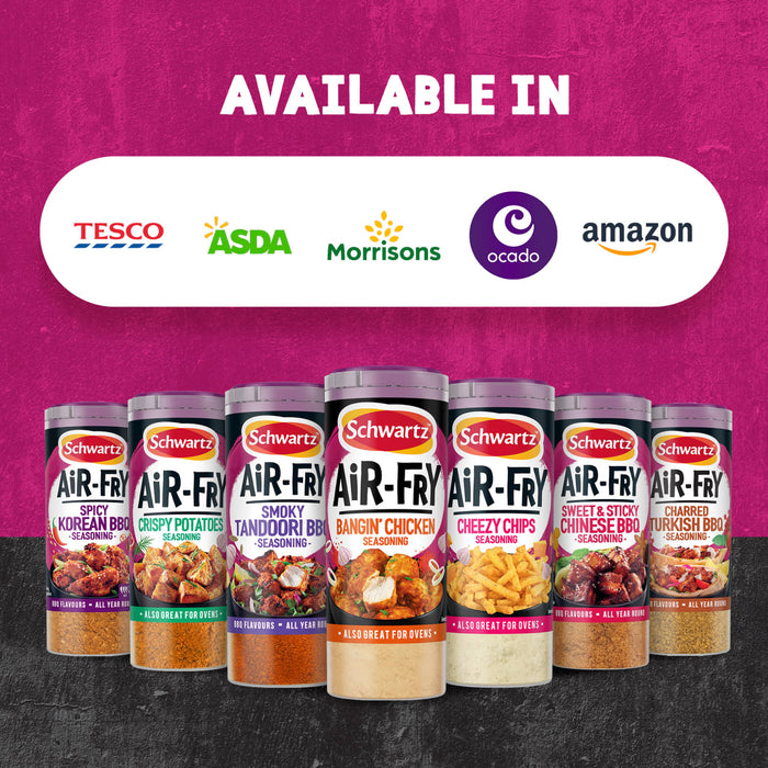 A promotional graphic showcasing the range of Schwartz Air-Fry seasonings including Schwartz Af Chinese Cs Sea available at major retailers like Tesco, Asda, Morrisons, Ocado, and Amazon.