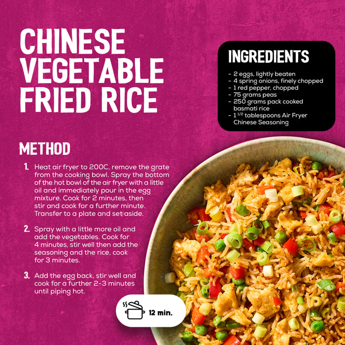 An infographic for Chinese Vegetable Fried Rice featuring a bowl of the finished dish and a recipe that uses Schwartz Af Chinese Cs Sea.