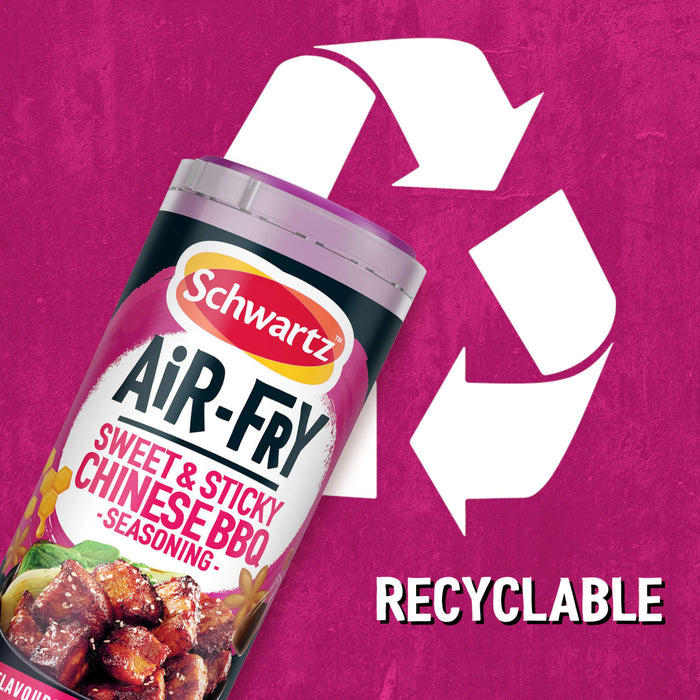 A promotional graphic featuring a container of Schwartz Af Chinese Cs Sea against a pink background with a large white recycling symbol and the word RECYCLABLE to highlight the packaging sustainability.