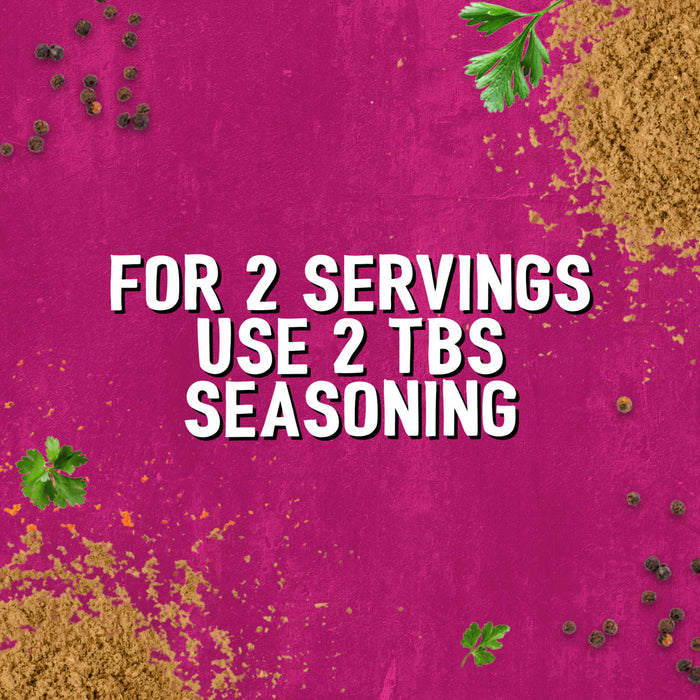 An infographic for Schwartz Af Chinese Cs Sea featuring a vibrant pink background with scattered peppercorns, parsley, and spice powder, stating that 2 tablespoons of seasoning should be used for 2 servings.