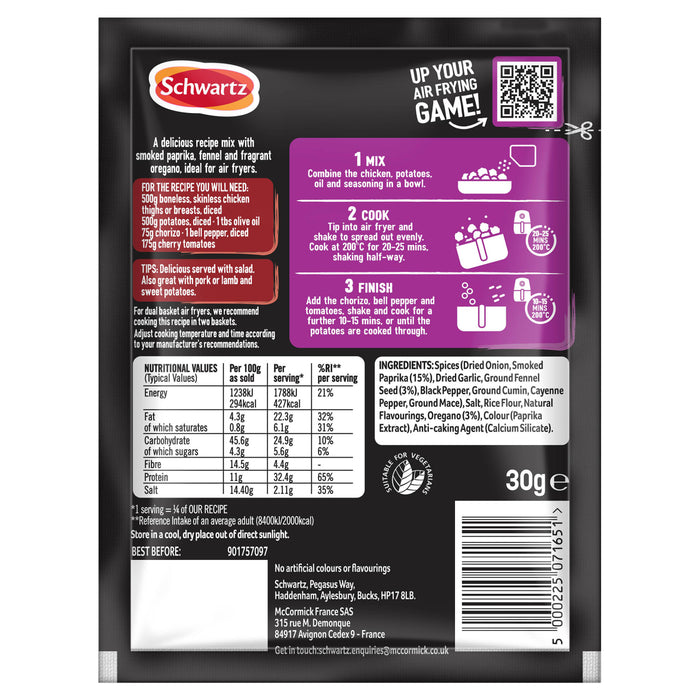 The back of a Schwartz Sa Af Chorizo Chicken recipe mix packet displays the ingredients, nutritional facts, and a three-step guide for cooking the dish in an air fryer.