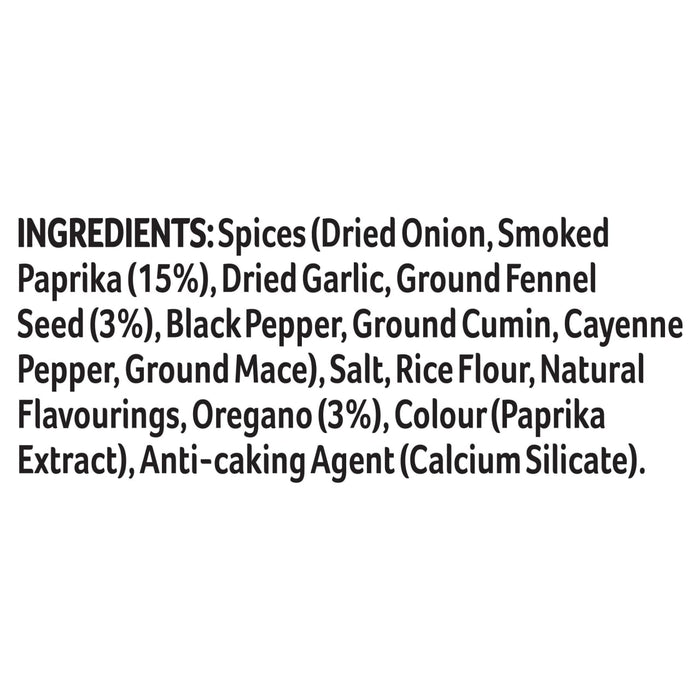 The ingredients list for Sa Af Chorizo Chicken, which includes spices, salt, rice flour, and natural flavourings.