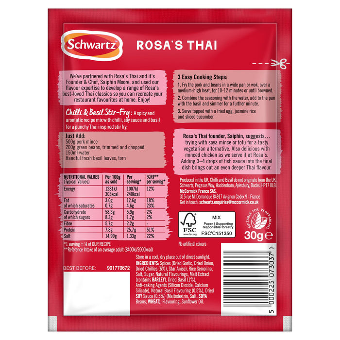 The front and back of a red packet of Sa Rt Chili Basil Stir Fry X12, a Schwartz Rosa's Thai Chilli & Basil Stir-Fry recipe mix, showing cooking instructions and nutritional information.