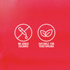 A graphic illustration on a red background shows that the Sa Rt Chili Basil Stir Fry X12 has no added colours and is suitable for vegetarians.