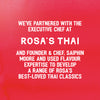 An announcement on a red background states that the Sa Rt Chili Basil Stir Fry X12 was developed through a partnership with the executive chef at Rosa's Thai and its founder, Saiphin Moore.