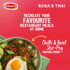 An advertisement for the Schwartz and Rosa's Thai collaboration, featuring the Sa Rt Chili Basil Stir Fry X12, shows a finished bowl of Pad Kra Prow with a fried egg and rice.