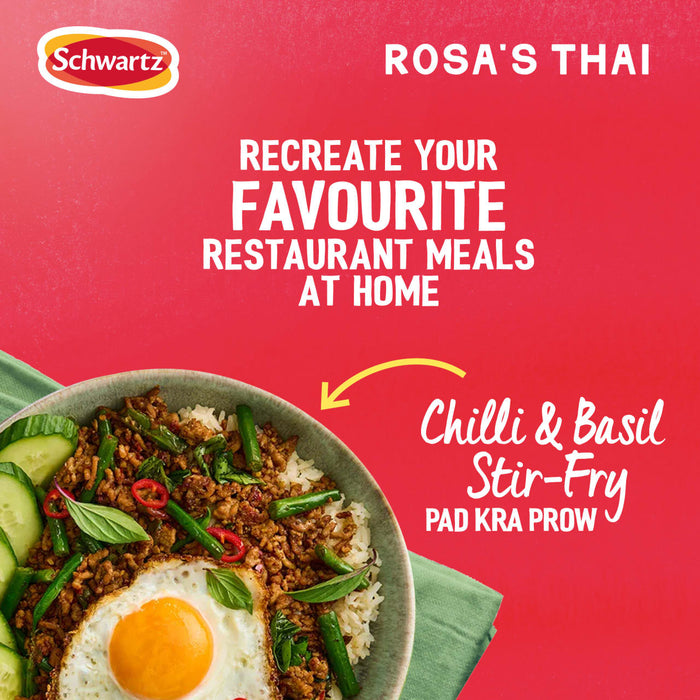 An advertisement for the Schwartz and Rosa's Thai collaboration, featuring the Sa Rt Chili Basil Stir Fry X12, shows a finished bowl of Pad Kra Prow with a fried egg and rice.