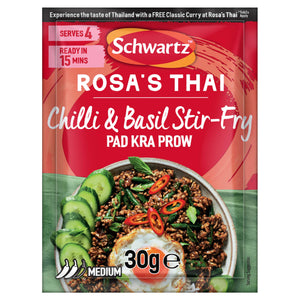 The packaging for the Sa Rt Chili Basil Stir Fry X12 features a sachet of Schwartz Rosa's Thai Chilli & Basil Stir-Fry seasoning mix in front of a serving suggestion, which includes a bowl of stir-fry with a fried egg.
