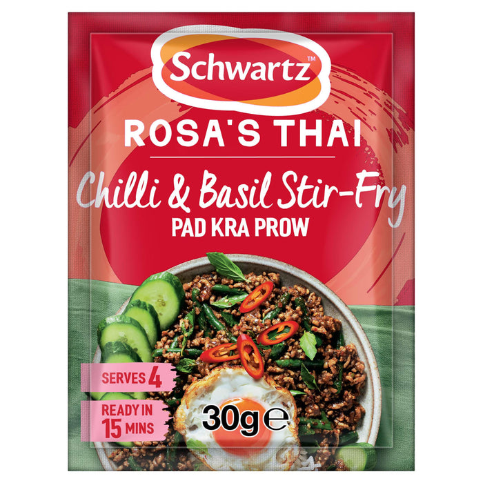 The packaging for the Sa Rt Chili Basil Stir Fry X12 features a sachet of Schwartz Rosa's Thai Chilli & Basil Stir-Fry seasoning mix in front of a serving suggestion, which includes a bowl of stir-fry with a fried egg.