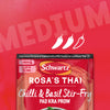A promotional image displays a packet of the Sa Rt Chili Basil Stir Fry X12, a Schwartz and Rosa's Thai collaboration, indicating it has a medium spice level and is ready in 15 minutes.