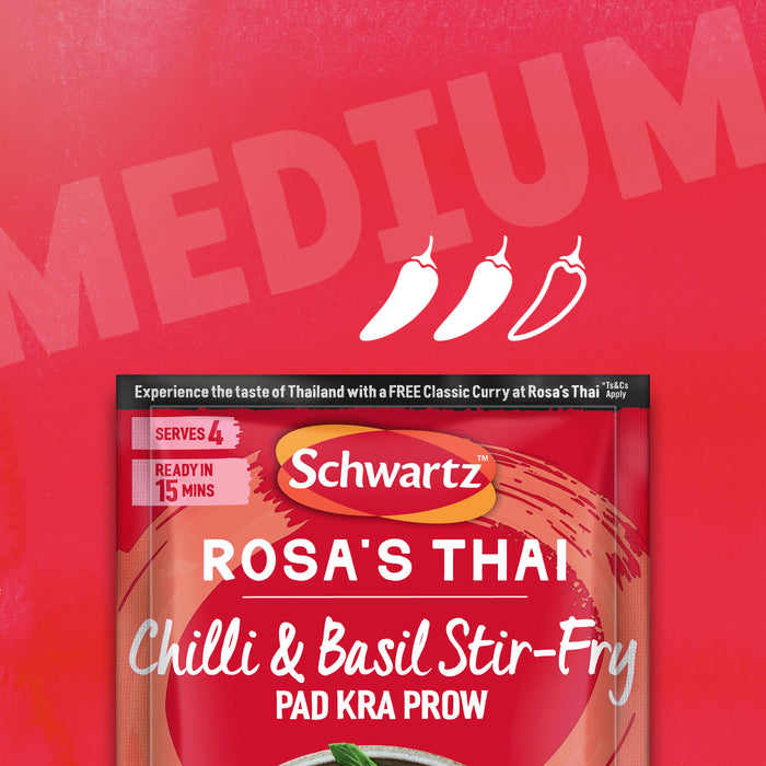 A promotional image displays a packet of the Sa Rt Chili Basil Stir Fry X12, a Schwartz and Rosa's Thai collaboration, indicating it has a medium spice level and is ready in 15 minutes.