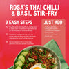 An infographic advertisement for a Sa Rt Chili Basil Stir Fry X12 shows the finished dish in a bowl, alongside a list of ingredients to add and 3 easy steps to prepare the meal.