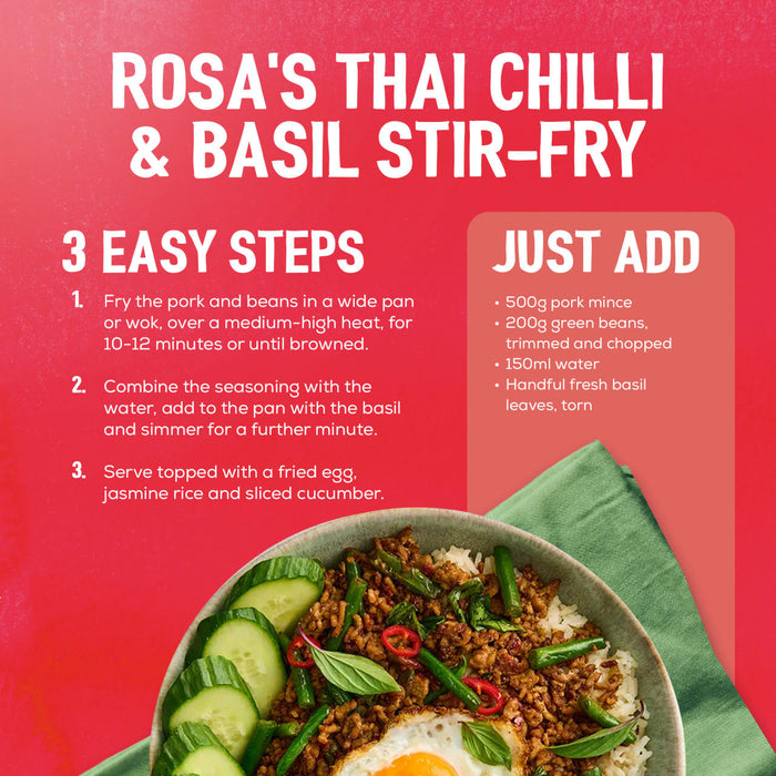 An infographic advertisement for a Sa Rt Chili Basil Stir Fry X12 shows the finished dish in a bowl, alongside a list of ingredients to add and 3 easy steps to prepare the meal.
