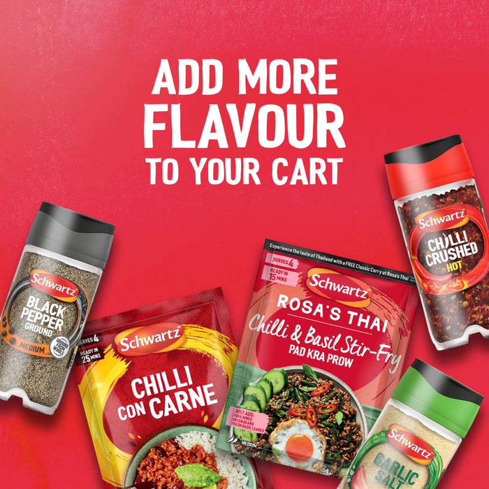An advertisement with the text Add more flavour to your cart features a variety of Schwartz spices and recipe mixes, including a package of Sa Rt Chili Basil Stir Fry X12, Black Pepper, and Crushed Chilli.