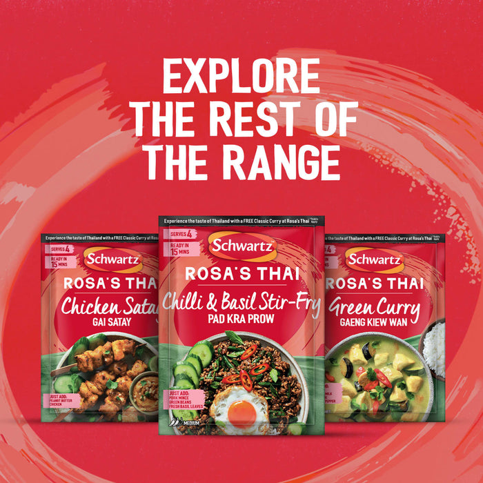 An advertisement for the Schwartz Rosa's Thai range, featuring Chicken Satay, Green Curry, and a package of Sa Rt Chili Basil Stir Fry X12, is displayed against a red background with the text EXPLORE THE REST OF THE RANGE.