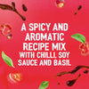 A promotional image for Sa Rt Chili Basil Stir Fry X12 features bold white text describing a spicy and aromatic recipe mix over a red background with floating ingredients like chilli, soy sauce, and basil.