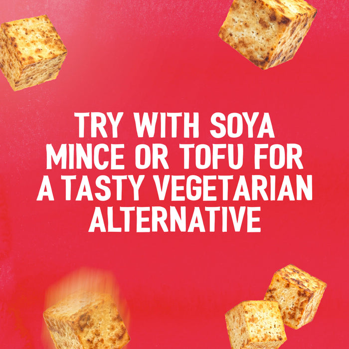 Cubes of fried tofu float on a red background with text suggesting a tasty vegetarian alternative for the Sa Rt Chili Basil Stir Fry X12.