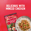 A bowl of minced chicken and chili stir-fry on rice is shown next to a package of the Schwartz Sa Rt Chili Basil Stir Fry X12 used to make it, against a red background with the text Delicious with minced chicken.