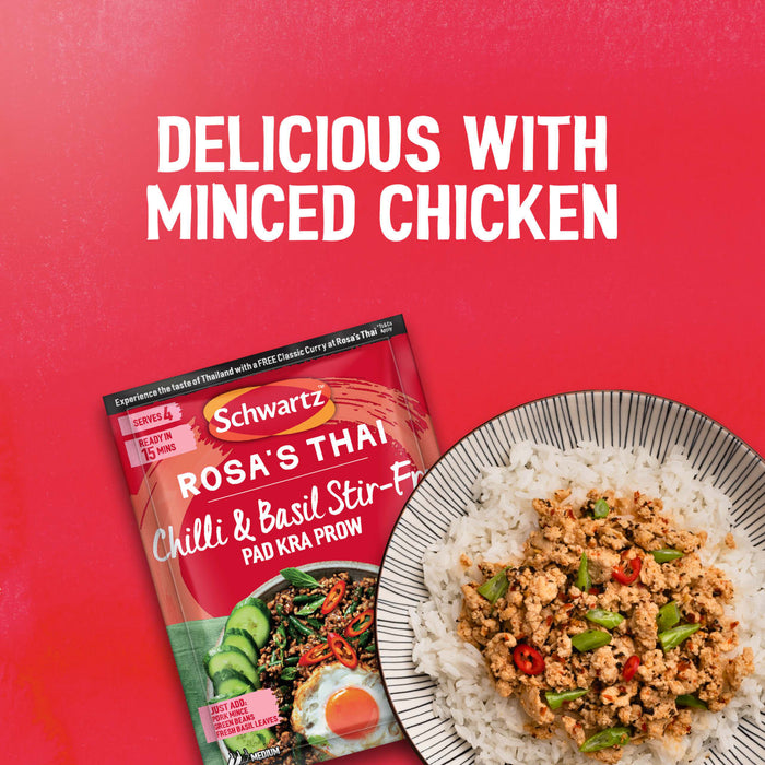 A bowl of minced chicken and chili stir-fry on rice is shown next to a package of the Schwartz Sa Rt Chili Basil Stir Fry X12 used to make it, against a red background with the text Delicious with minced chicken.