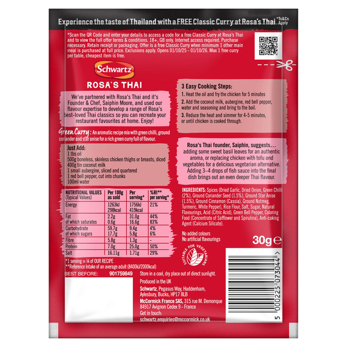 The back of the packaging for the Sa Rt Green Curry X12, a Schwartz Rosa's Thai Green Curry recipe mix, displays cooking instructions, ingredients, and nutritional information.