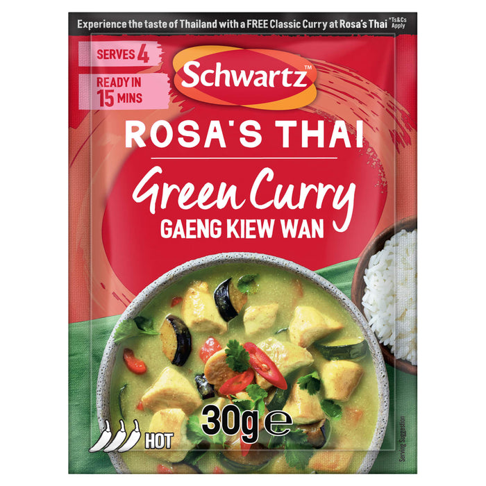 A red and green sachet of the Sa Rt Green Curry X12, which is the Schwartz Rosa's Thai Green Curry mix, is shown in front of a prepared bowl of green curry with chicken, eggplant, and a side of rice.