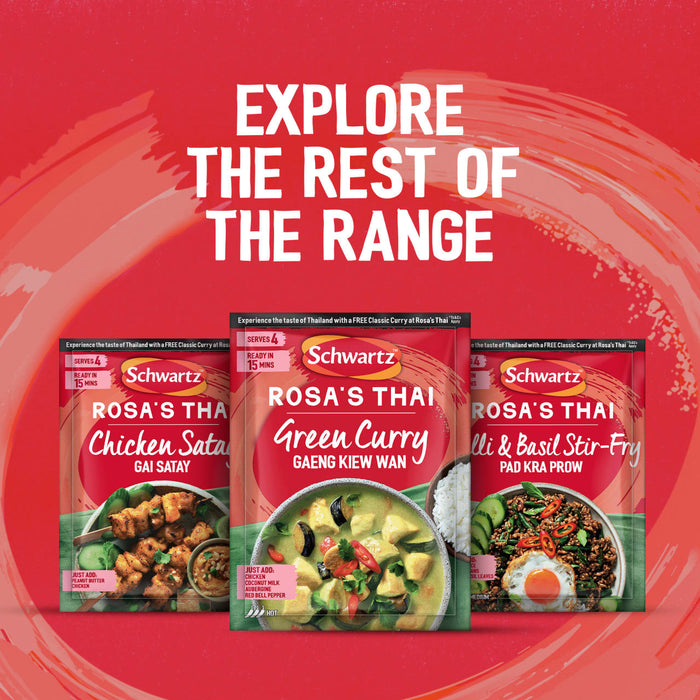 An advertisement for the Schwartz Rosa's Thai range, featuring Chicken Satay, the Sa Rt Green Curry X12, and Chilli & Basil Stir-Fry meal kits against a red background with the text EXPLORE THE REST OF THE RANGE.