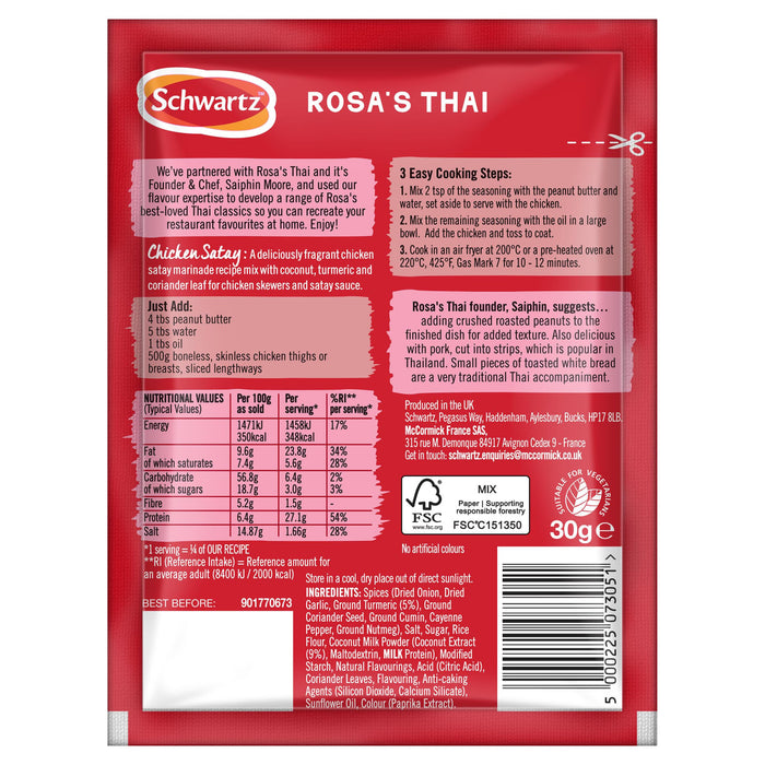 The front of a red and black packet of Sa Rt Chicken Satay X12 from the Schwartz and Rosa's Thai collaboration, showing cooking instructions and nutritional information.