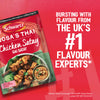 A promotional image for Schwartz features a package of the Sa Rt Chicken Satay X12 seasoning mix next to a prepared dish of chicken satay skewers, set against a red background with the text Bursting with flavour from the UKs number 1 Flavour Experts.