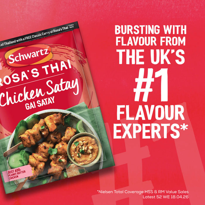 A promotional image for Schwartz features a package of the Sa Rt Chicken Satay X12 seasoning mix next to a prepared dish of chicken satay skewers, set against a red background with the text Bursting with flavour from the UKs number 1 Flavour Experts.