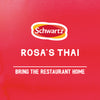 An advertisement for the Sa Rt Chicken Satay X12 features the Schwartz logo above the text Rosa's Thai and the tagline Bring the Restaurant Home on a red background.