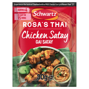 A red packet of Schwartz Rosa's Thai Chicken Satay seasoning mix, from the Sa Rt Chicken Satay X12 product line, is shown above a serving suggestion of grilled chicken skewers with a peanut dipping sauce.