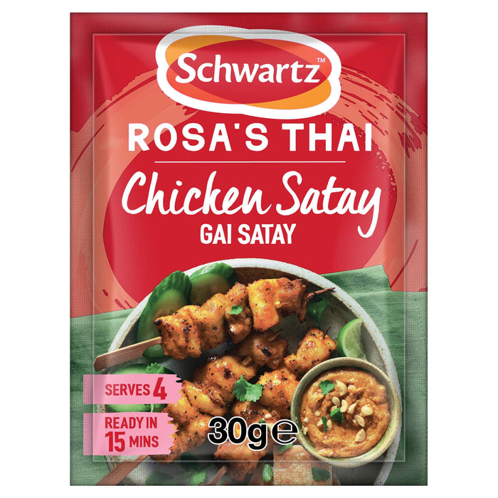 A red packet of Schwartz Rosa's Thai Chicken Satay seasoning mix, from the Sa Rt Chicken Satay X12 product line, is shown above a serving suggestion of grilled chicken skewers with a peanut dipping sauce.