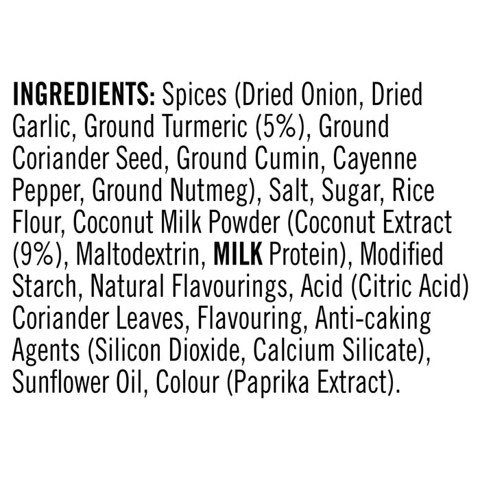The ingredients list for Sa Rt Chicken Satay X12, including spices, coconut milk powder, and milk protein, is displayed in bold, black text.
