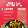 An infographic with recipe instructions for preparing Sa Rt Chicken Satay X12, showing the finished dish of grilled chicken skewers on a dark plate with fresh cucumber and lime.